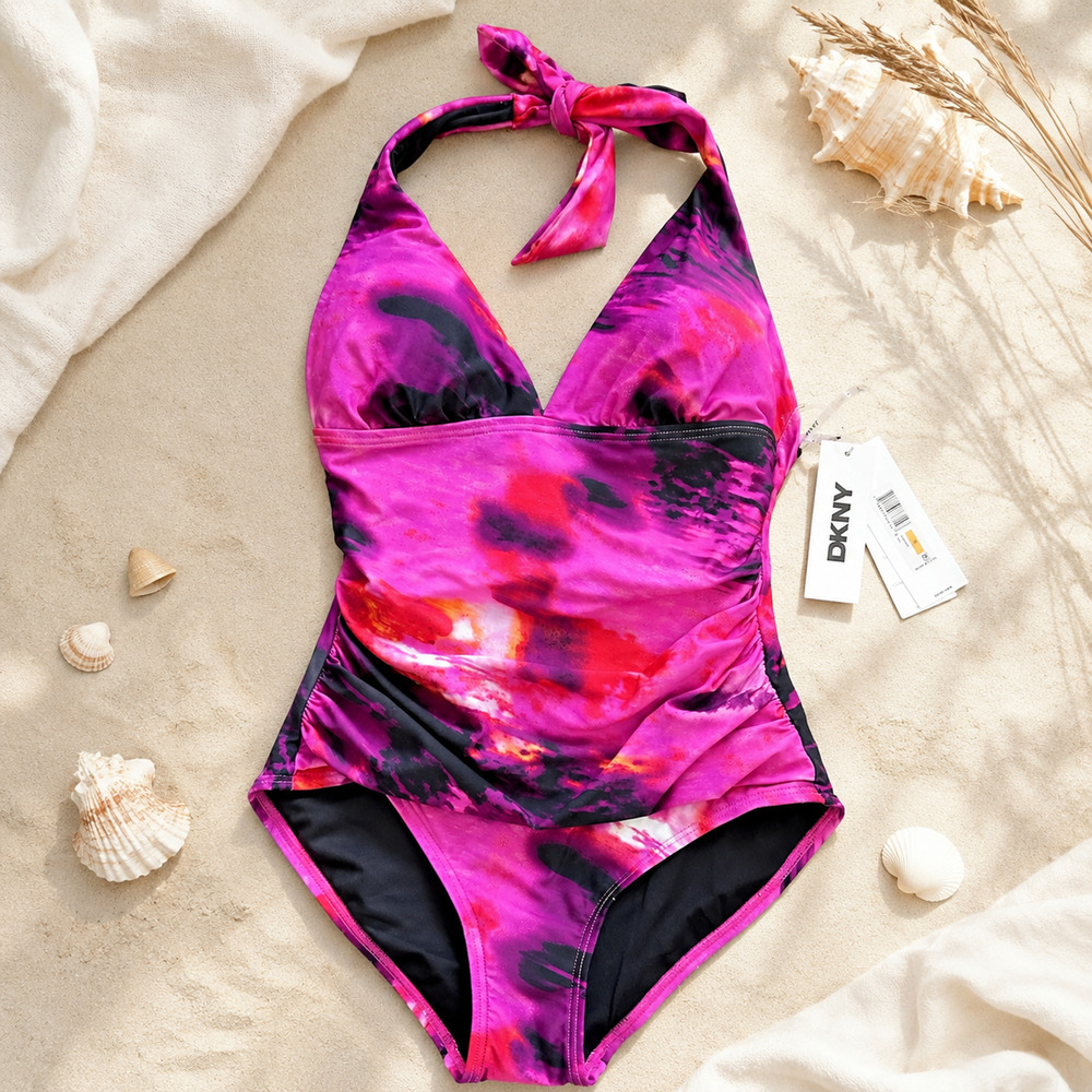 DKNY Womens M Pink Multi Halter Tummy Control One Piece Swimsuit NWT - Picture 3 of 6
